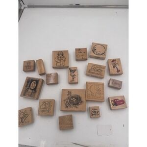 Large Lot 20+ Wood Mounted Rubber Stamps Mixed Themes Characters Nature Words